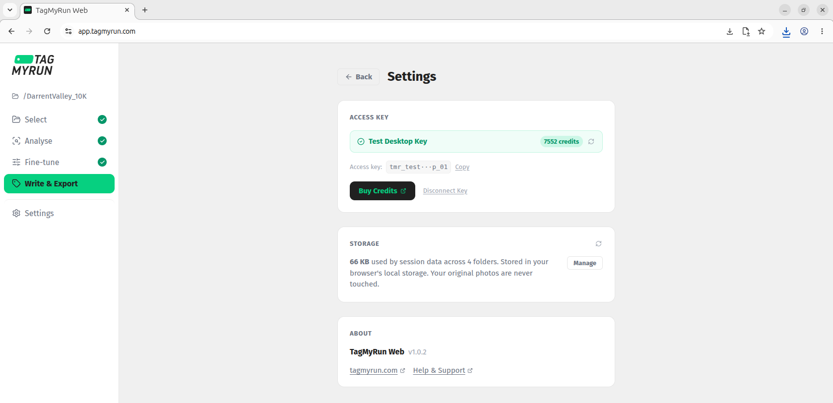 The Settings screen showing the Access Key section