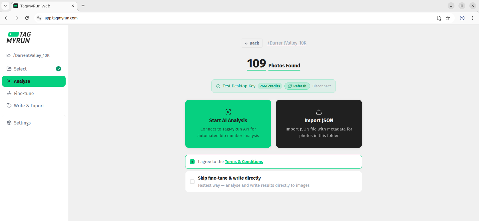 The Analyse screen, ready to start AI analysis