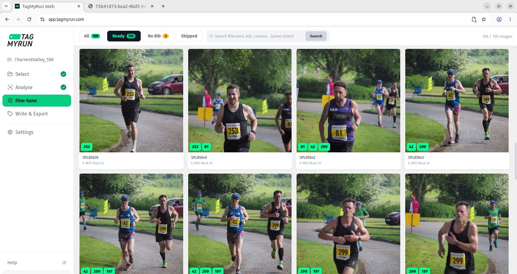 Reviewing detected bib numbers in the Fine-tune gallery