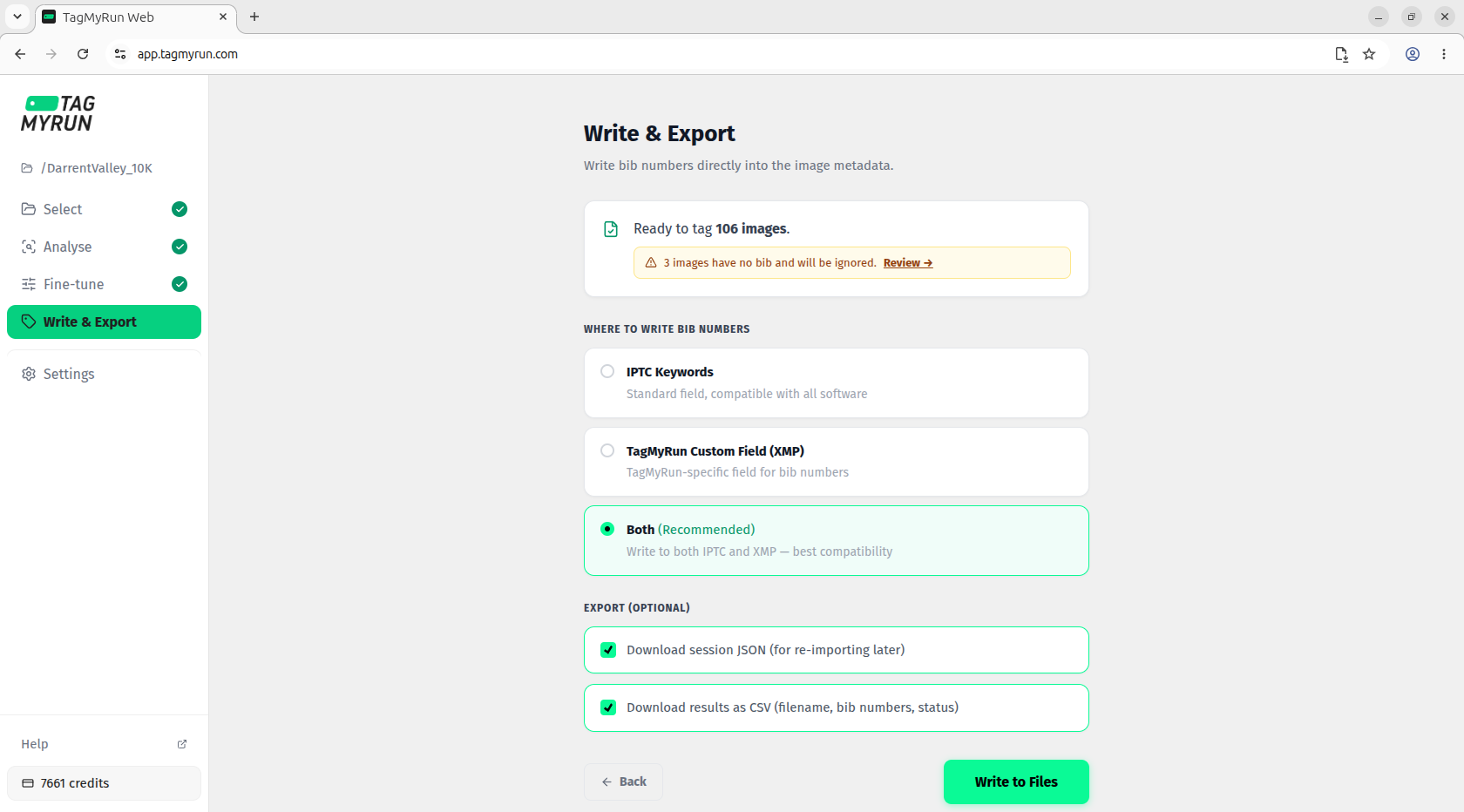 The Write and Export screen with metadata options